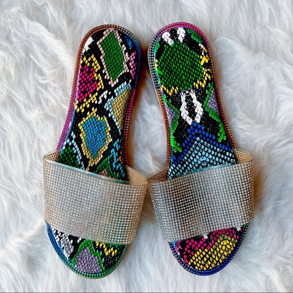 Snakeskin Rhinestone Sandals StreetStyle Artistic Abstract Rainbow Spring Summer